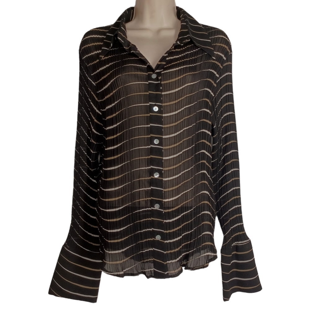 VTG CAVIAR Black Tan White Thin Stripe Print Crinkle Semi Sheer Button Front Top